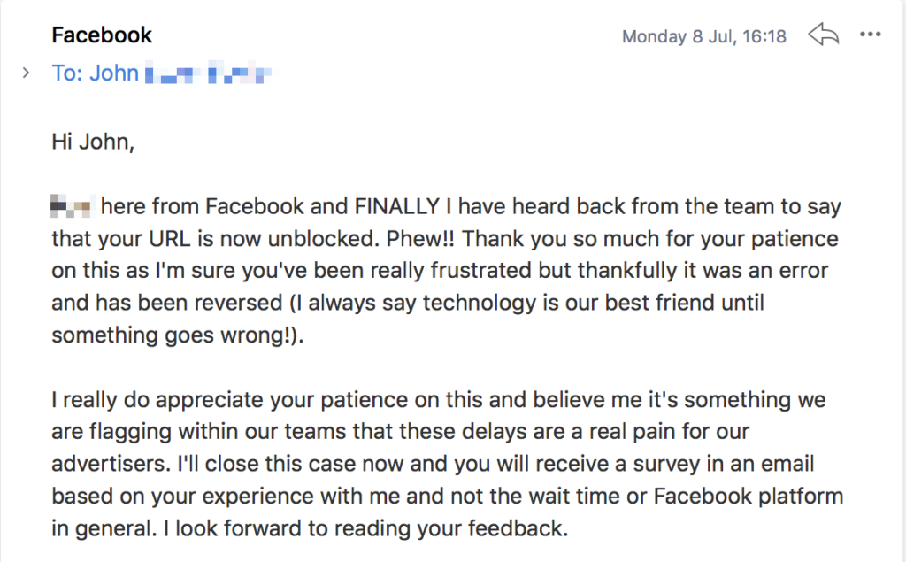 Email from Facebook support